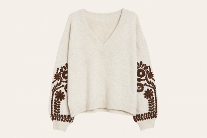 Isla Embroidered Knit Sweater – Beige