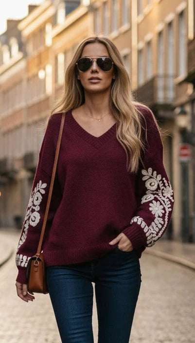Burgundy Embroidered Knit Sweater